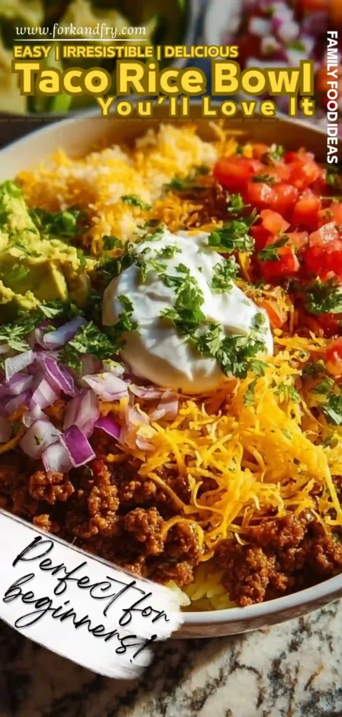 Loaded Taco Rice Bowl with Ground Beef u0026 Fresh Toppings loaded taco rice bowl with seasoned beef, shredded cheese, sour cream, guacamole, and fresh vegetables