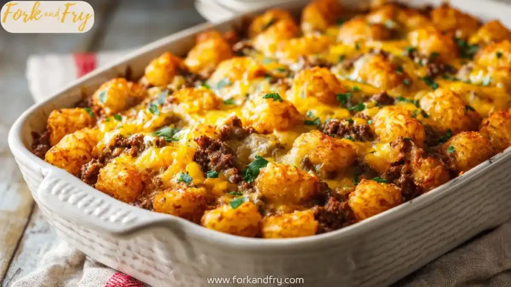 cheesy tater tot casserole with ground beef and parsley in white baking dish