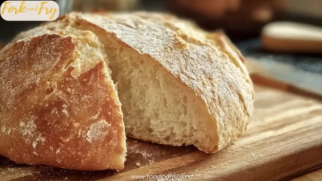 golden crusty artisan bread with soft fluffy interior on wooden board dusted with flour