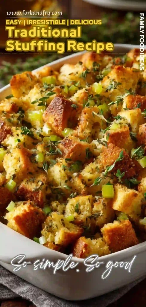 Toasted bread stuffing with herbs and celery in white baking dish with text overlay