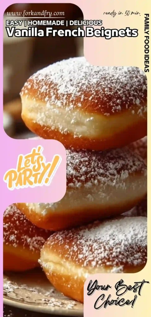 Stacked vanilla French beignets with powdered sugar and pastel graphic text overlay
