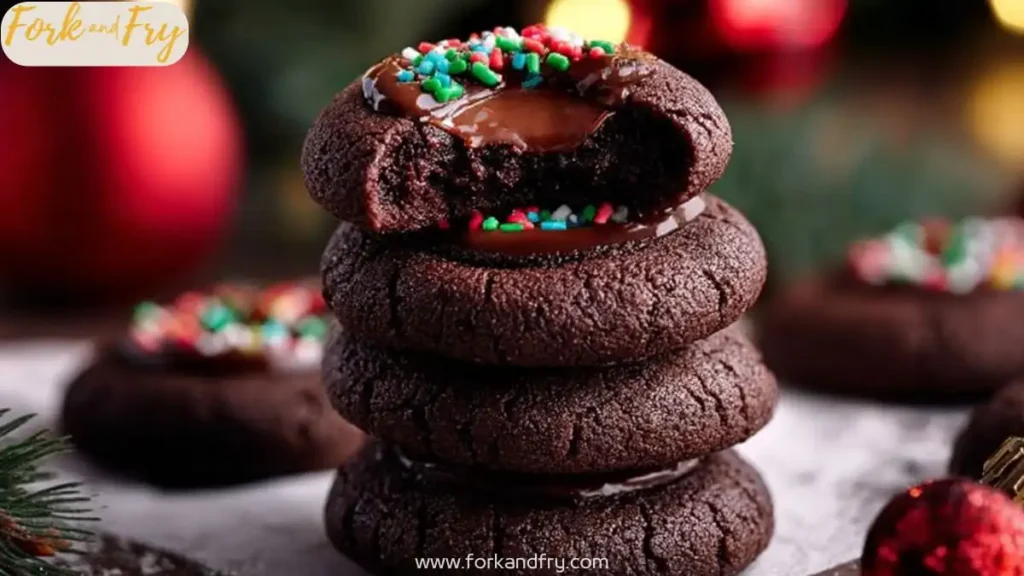 Chocolate thumbprint cookies with gooey chocolate center topped with colorful holiday sprinkles.