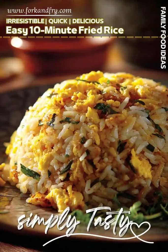 Easy 10-Minute Fried Rice with Egg – Simply Tasty! Golden fried rice with scrambled eggs and greens served in a dome shape on a dark plate