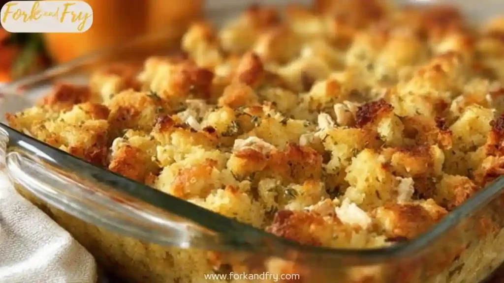 golden rotisserie chicken stuffing casserole in glass dish with herbs