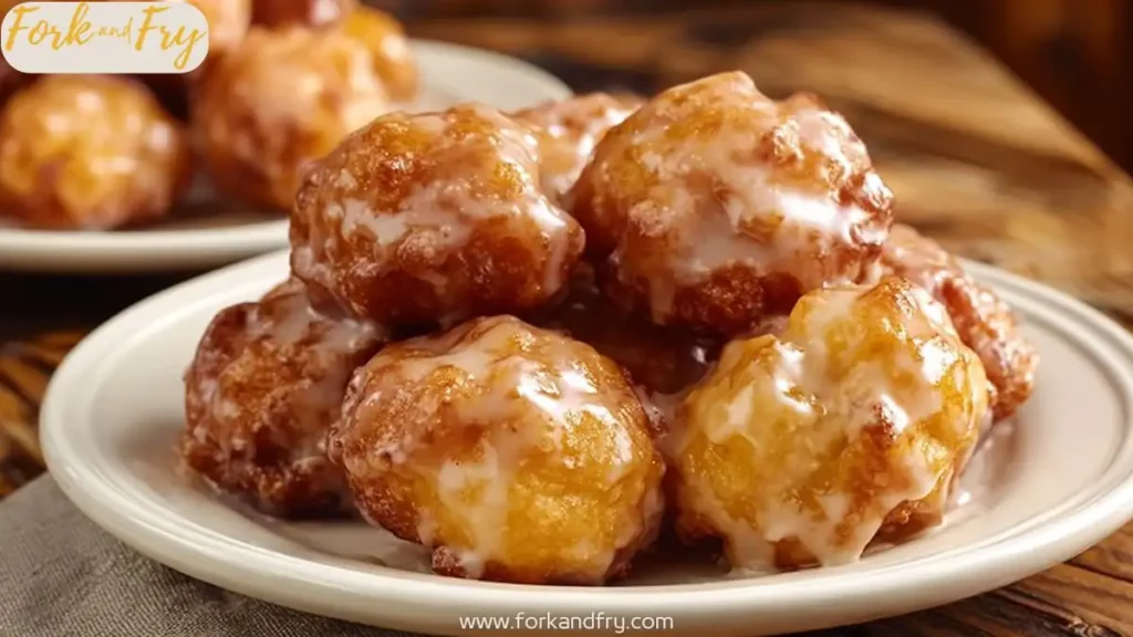 Glazed apple fritter bites stacked on a white plate, golden brown and shiny with sweet icing