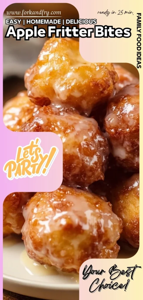 Glazed Apple Fritter Bites stacked on a white plate, golden brown and shiny with icing