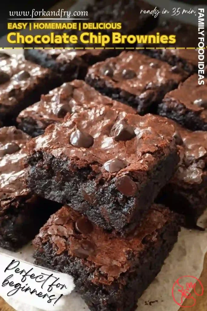 stacked chocolate chip brownies with crackly tops and rich texture