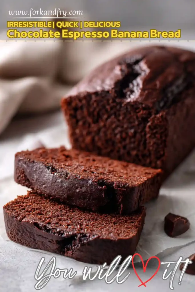 Sliced chocolate espresso banana bread on parchment with rich texture and dark chocolate chunks