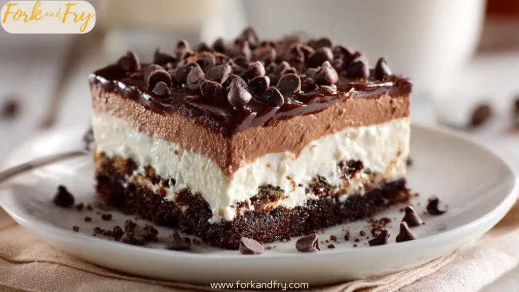 Layered no-bake chocolate lasagna cake with whipped cream, mousse, and chocolate chips on a white plate