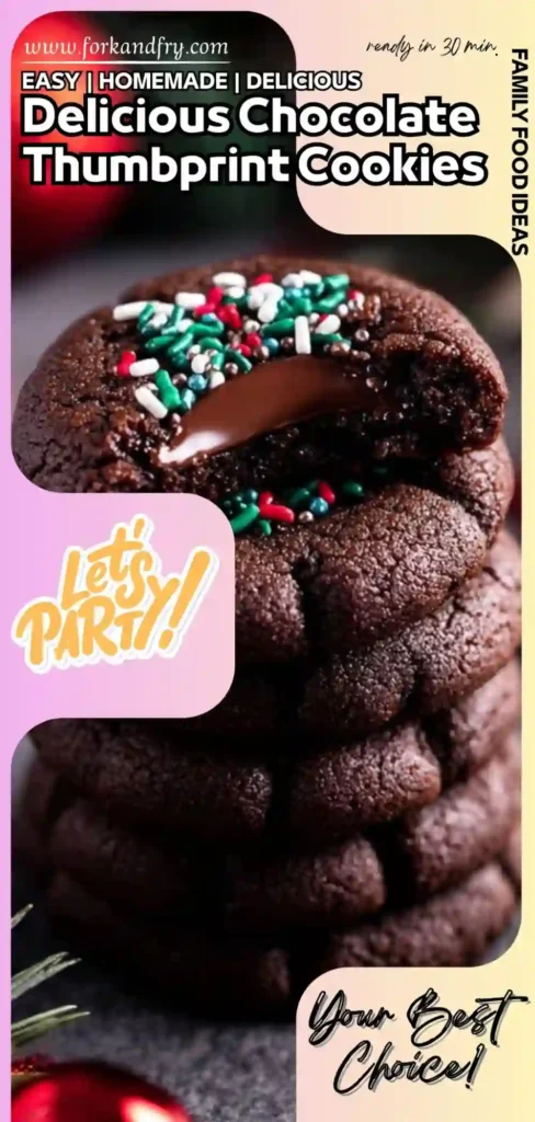 Pinterest-Ready Chocolate Thumbprint Cookies Festive chocolate thumbprint cookies stacked with gooey centers and colorful holiday sprinkles.