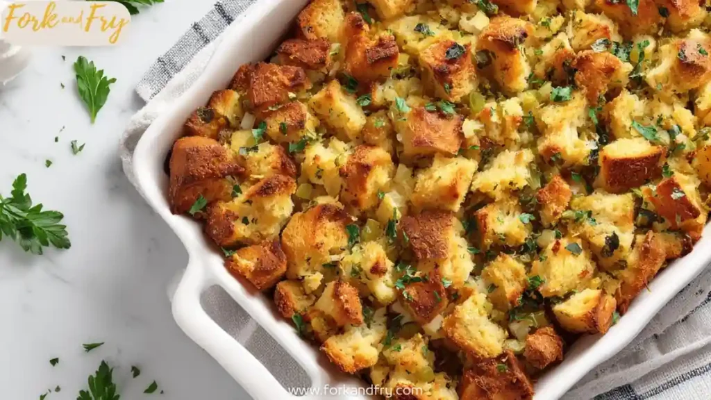 golden herb stuffing in white casserole dish with parsley on marble background