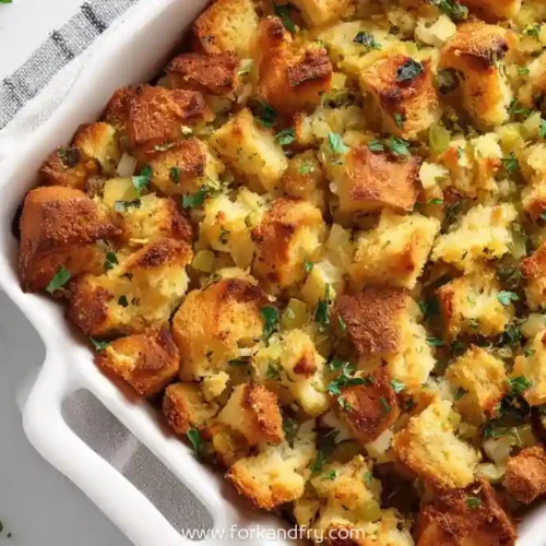 golden herb stuffing in white casserole dish with parsley on marble background