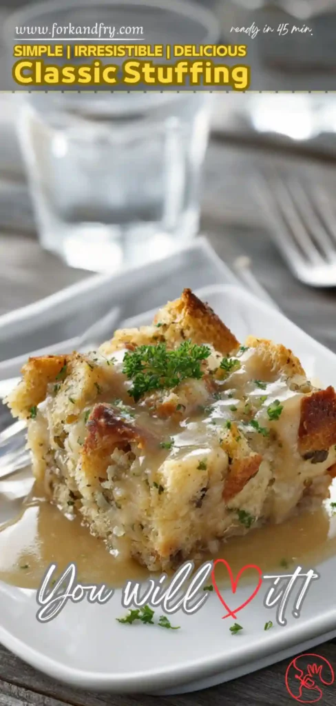 Classic Stuffing Slice with Rich Gravy slice of classic stuffing with gravy on white plate, garnished with parsley