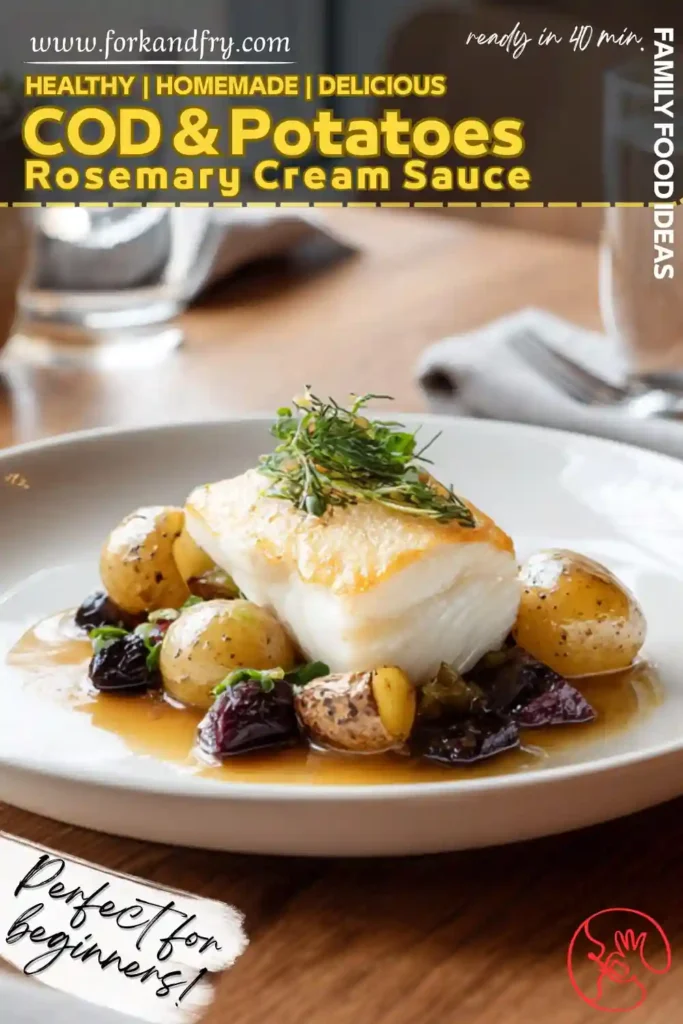 seared cod with roasted potatoes and rosemary sauce on white plate