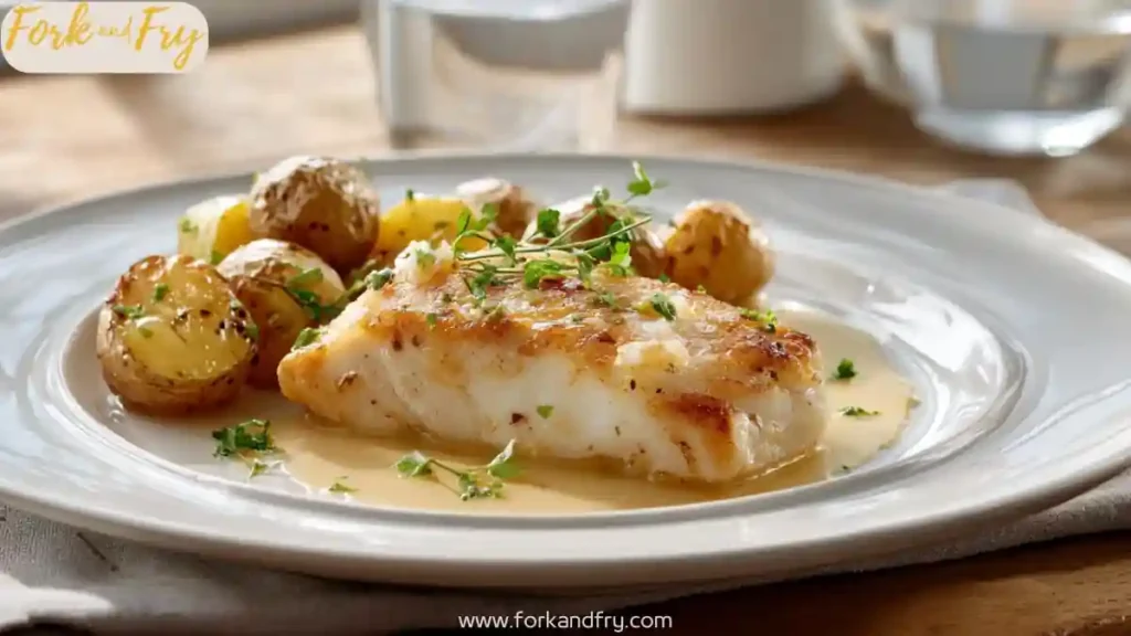 eared cod fillet with baby potatoes and rosemary cream sauce on white plate