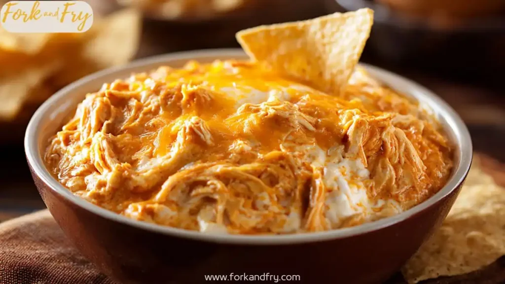 cheesy crockpot buffalo chicken dip in bowl with tortilla chip for scooping