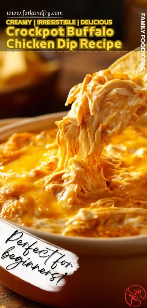 Crockpot Buffalo Chicken Dip Recipe with Cheddar Pull cheesy crockpot buffalo chicken dip being scooped with a chip from a ceramic dish