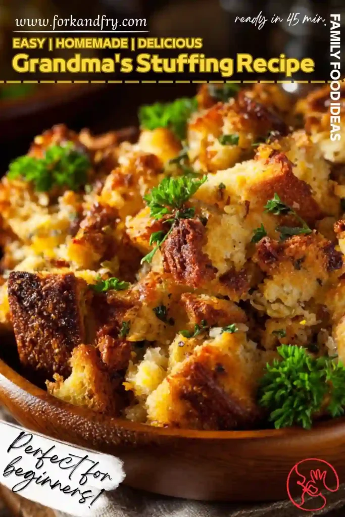 golden baked bread stuffing in wooden bowl with parsley garnish