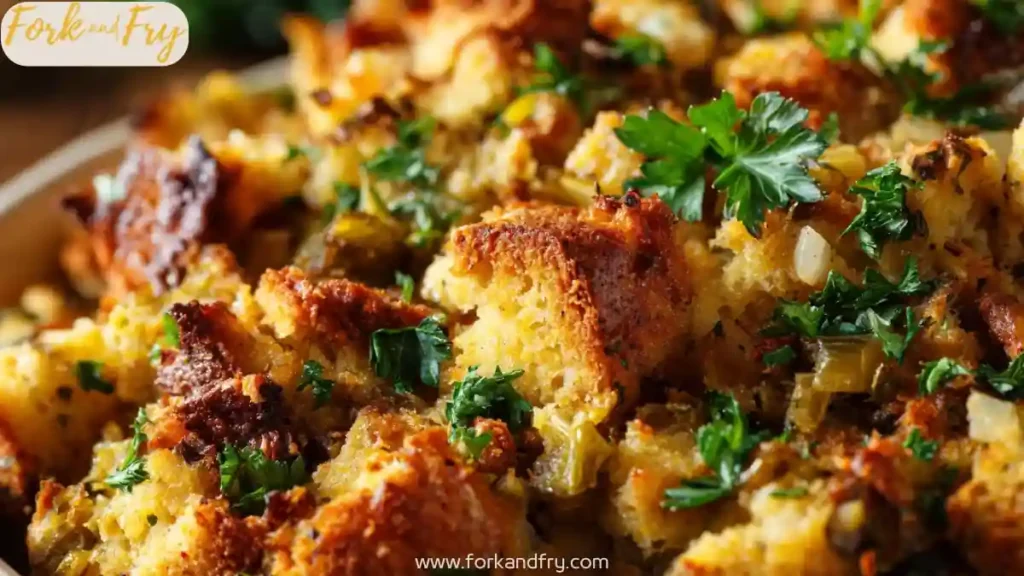 closeup of golden crispy stuffing with fresh parsley and diced vegetables