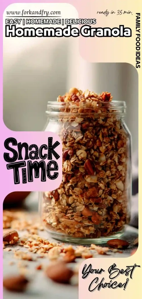 Easy Homemade Granola in a Jar with Nuts and Oats Tall glass jar of chunky homemade granola with scattered oats and nuts, styled for family snack inspiration