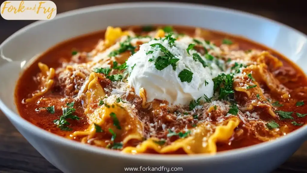 Bowl of hearty lasagna soup with pasta, marinara, fresh parsley, and a dollop of ricotta cheese
