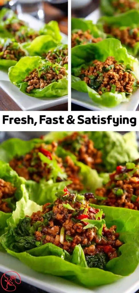Fresh u0026 Fast Lettuce Wraps with Ground Meat – Easy Weeknight Dinner Fresh lettuce wraps with savory minced meat and vegetables, plated and close-up