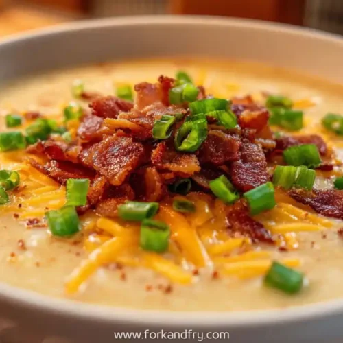 creamy loaded potato soup topped with crispy bacon, cheddar cheese, and chopped green onions