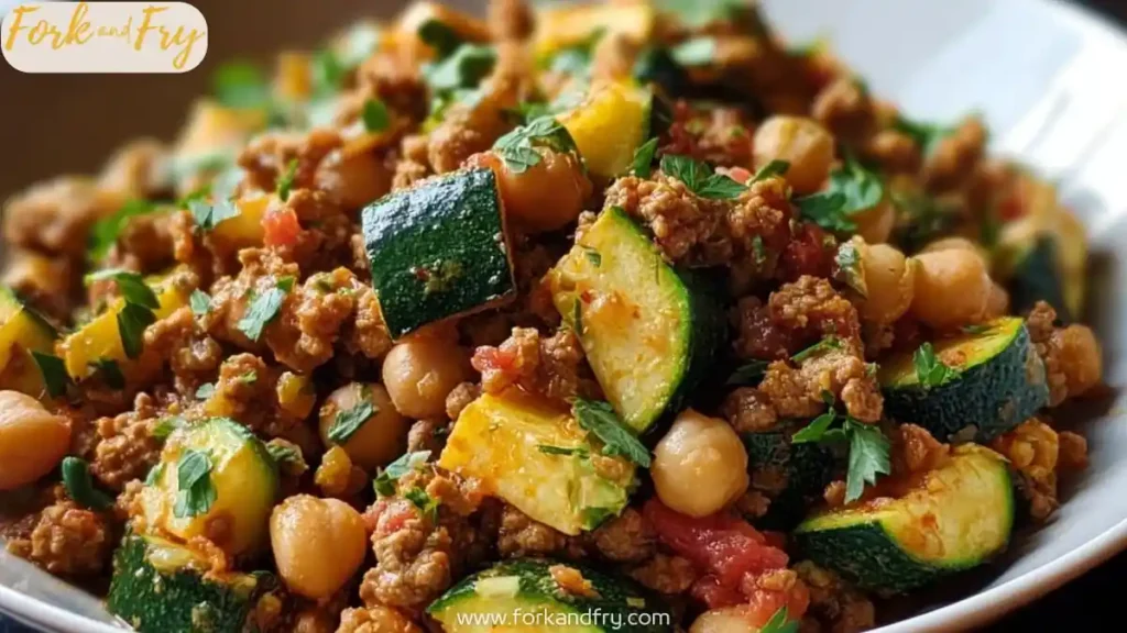 hearty Mediterranean chickpea bowl with zucchini, ground beef, tomato, and fresh parsley