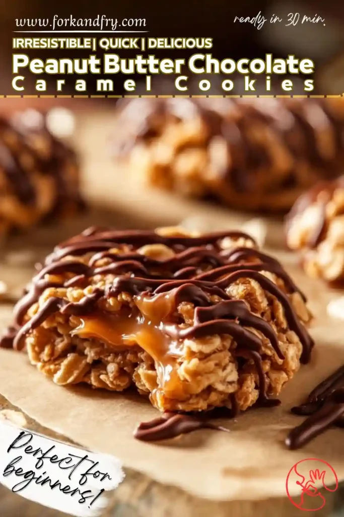 Easy Peanut Butter Chocolate Caramel Cookies for Pinterest Drizzled peanut butter chocolate caramel cookie with gooey center on parchment paper styled for Pinterest