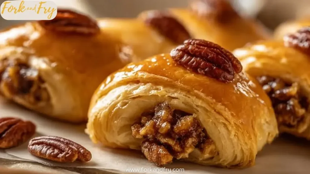 Flaky pecan pie crescent rolls topped with glazed pecans on parchment paper