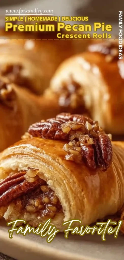 Premium Pecan Pie Crescent Rolls – A Sweet Holiday Favorite! Close-up of glazed pecan pie crescent rolls with golden crust and chopped nuts