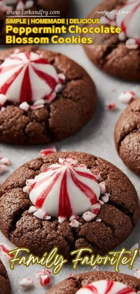 Holiday Peppermint Chocolate Blossom Cookies vertical chocolate peppermint cookies with crushed candy topping and holiday text overlaynnTitle: Holiday Peppermint Chocolate Blossom Cookies