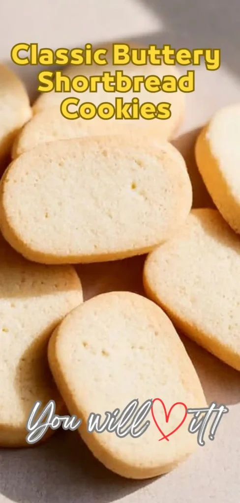 Buttery Shortbread Cookies – Irresistibly Simple! golden shortbread cookies with text overlay promoting classic buttery flavor