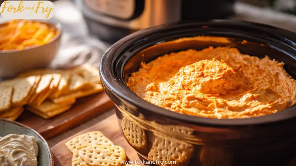 creamy buffalo chicken dip in slow cooker surrounded by crackers and shredded cheese