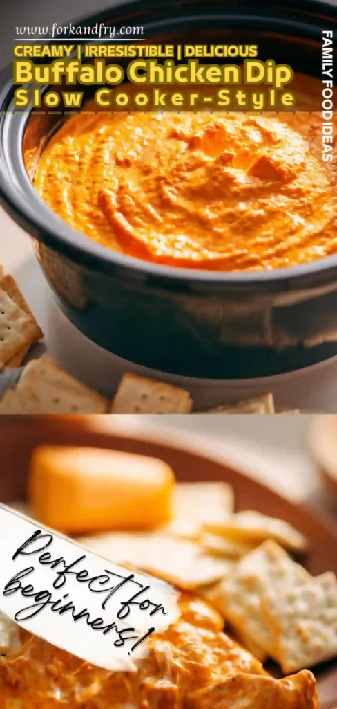 Creamy Buffalo Chicken Dip Slow Cooker Style creamy buffalo chicken dip in slow cooker with crackers and cheddar block on table