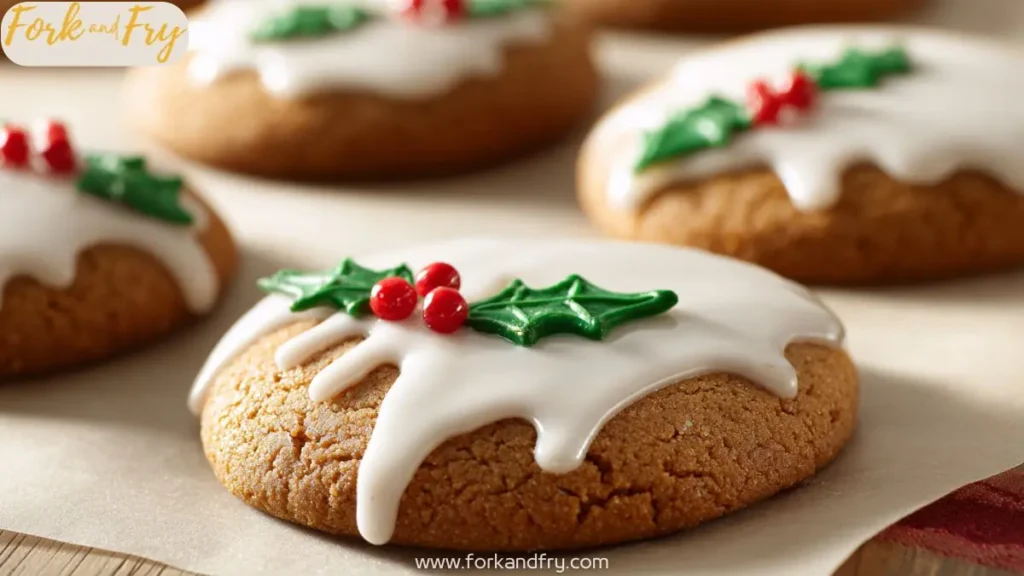 soft gingerbread cookies topped with white icing and festive holly decorations