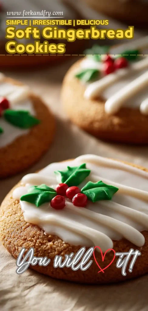 festive soft gingerbread cookie with white icing, green holly leaves, and red candy berries