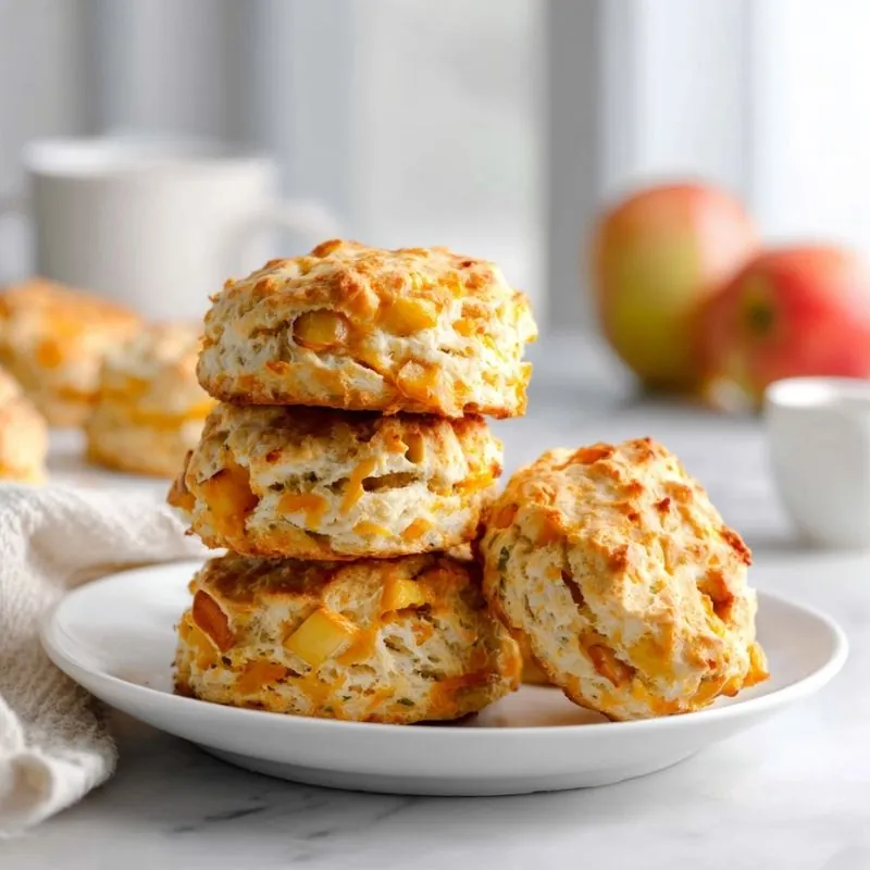 Fluffy Apple Cheddar Biscuits Fluffy apple cheddar biscuits stacked on a white plate with chunks of fresh apple and melted cheddar cheese.
