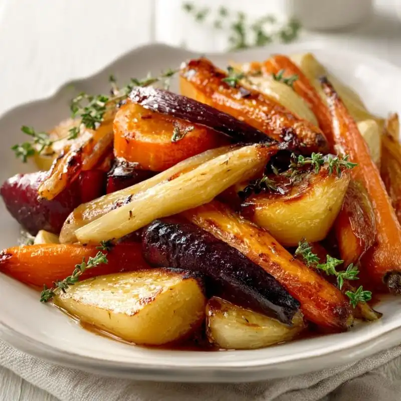 Maple Glazed Roasted Vegetables Roasted maple glazed carrots, parsnips, and potatoes caramelized until golden brown and garnished with fresh thyme on a white serving platter.